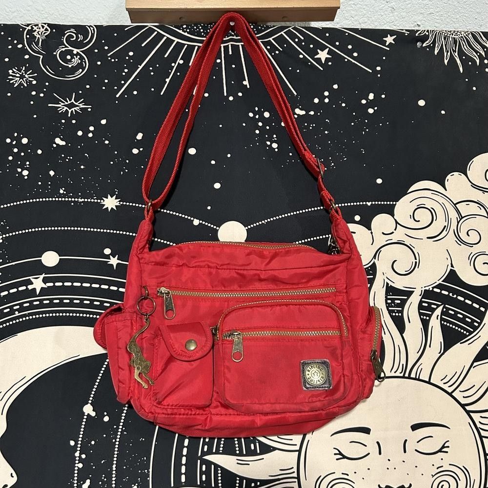 Vintage Kipling Hobo Shoulder Bag Women's Red Nylon Adjustable Crossbody Strap